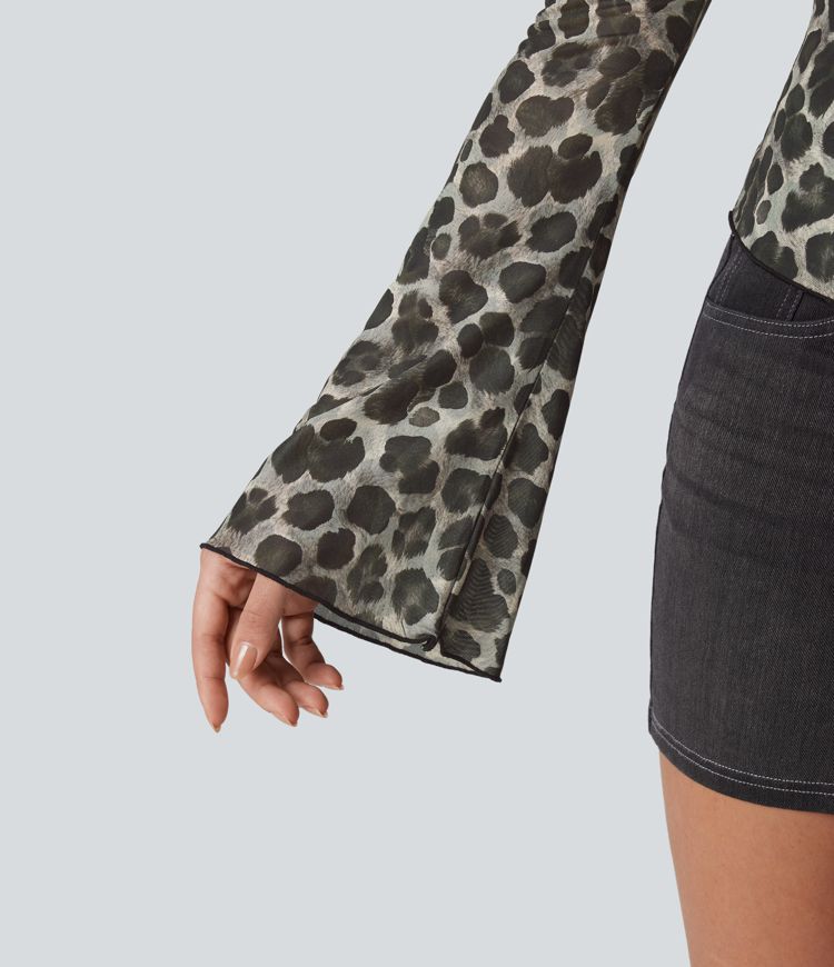Off-shoulder Leopard Mesh Long Sleeve Casual Top