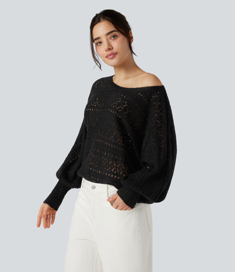 Pull ajouré col rond manches chauve-souris longues