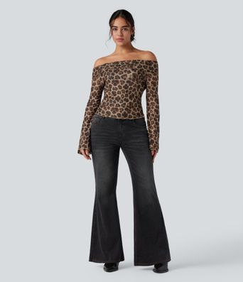 Lässiges, schulterfreies Leopard-Mesh-Top mit langen Ärmeln