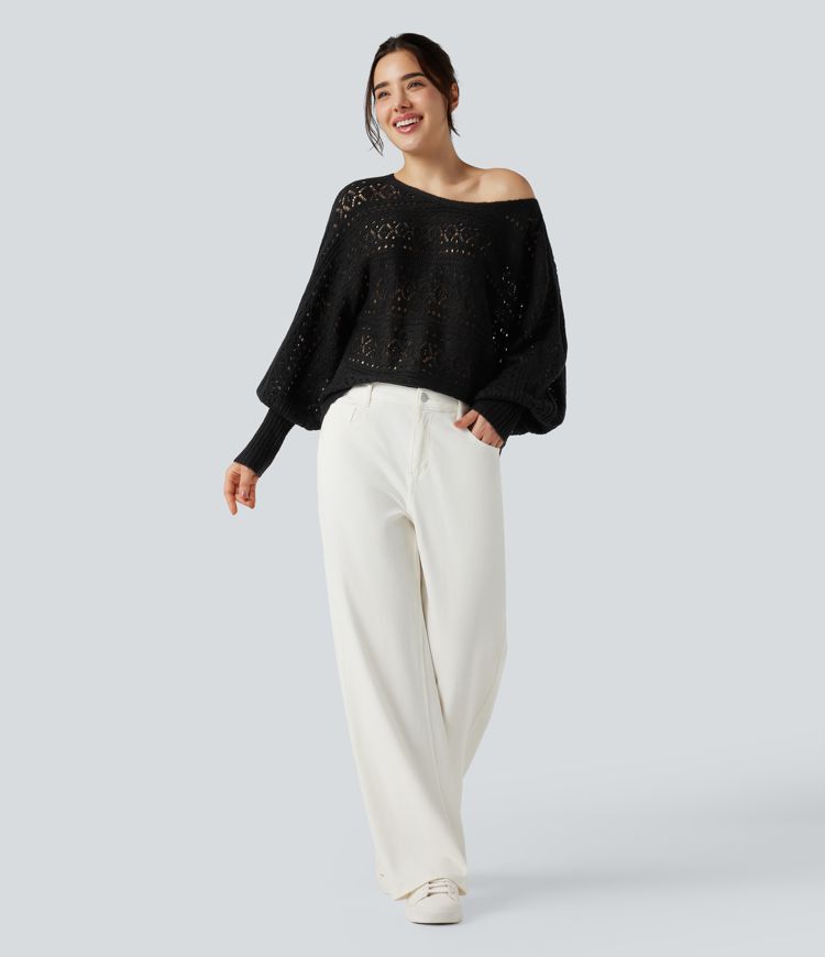 Pull ajouré col rond manches chauve-souris longues