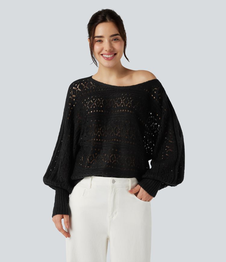 Round Neck Batwing Long Sleeve Hollow Out Casual Jumper
