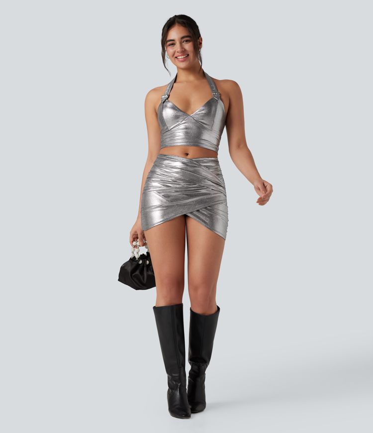 SoftlyZero™ Faux Leather High Waisted Crossover Ruched 2-in-1 Bodycon Mini Metallic Foil Print Stretchy Party Skirt