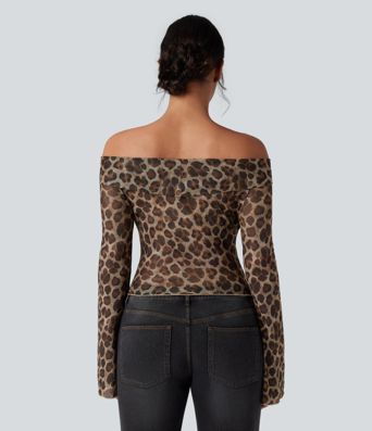 Lässiges, schulterfreies Leopard-Mesh-Top mit langen Ärmeln