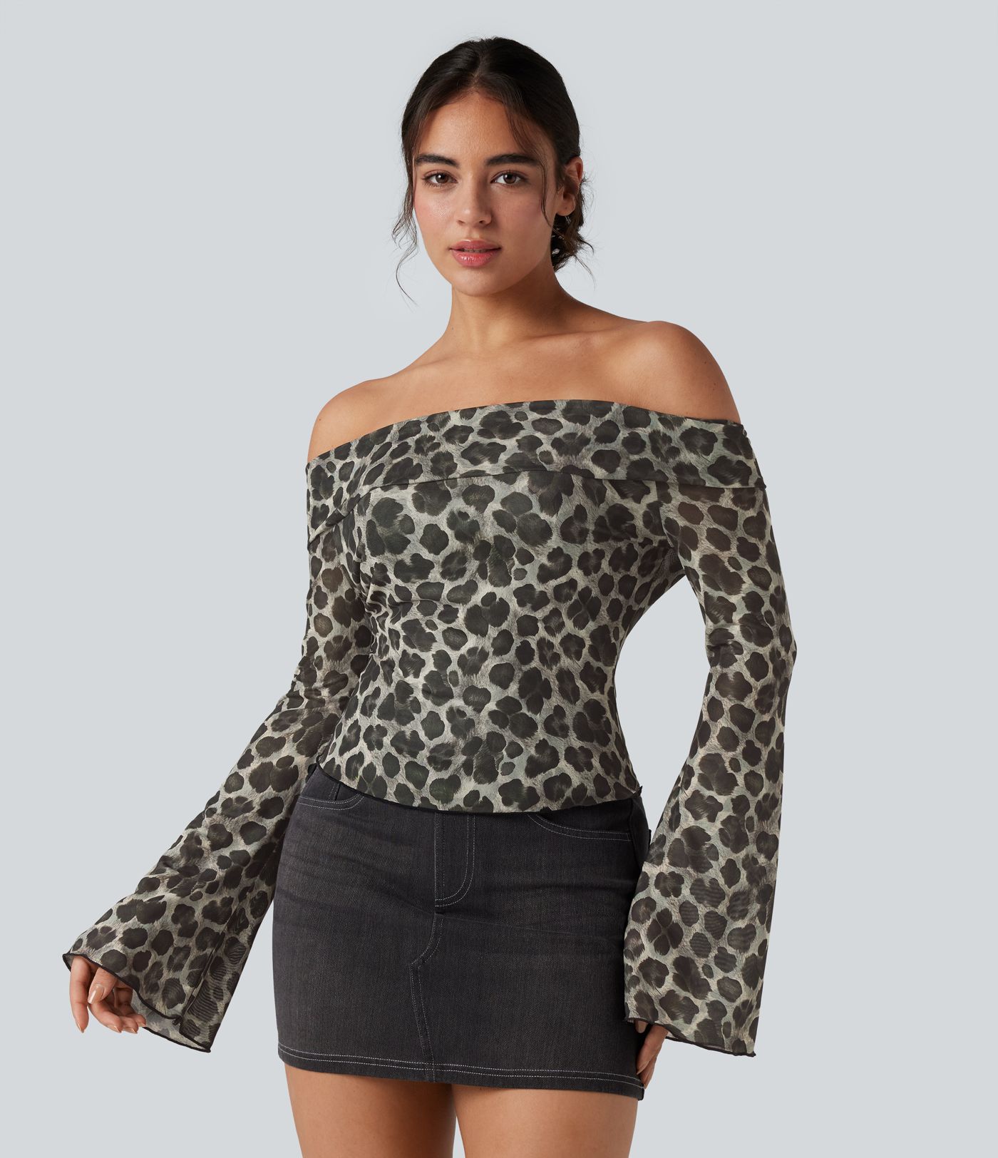 Off-shoulder Leopard Mesh Long Sleeve Casual Top