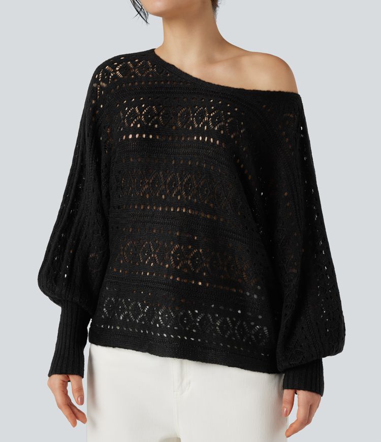 Pull ajouré col rond manches chauve-souris longues