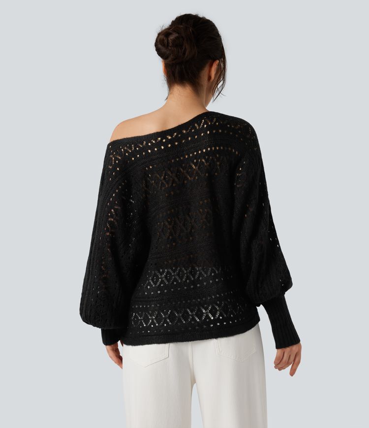 Pull ajouré col rond manches chauve-souris longues