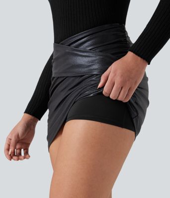 SoftlyZero™ Faux Leather High Waisted Crossover Ruched 2-in-1 Bodycon Mini Sparkle Foil Print Stretchy Party Skirt