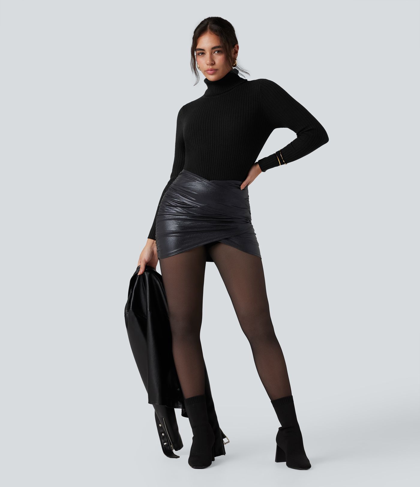 SoftlyZero™ Faux Leather High Waisted Crossover Ruched 2-in-1 Bodycon Mini Sparkle Foil Print Stretchy Party Skirt