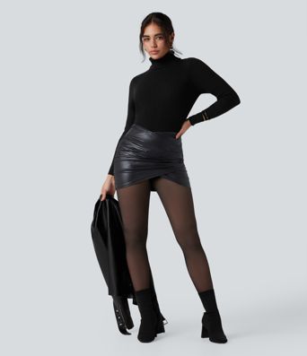 SoftlyZero™ Faux Leather High Waisted Crossover Ruched 2-in-1 Bodycon Mini Sparkle Foil Print Stretchy Party Skirt