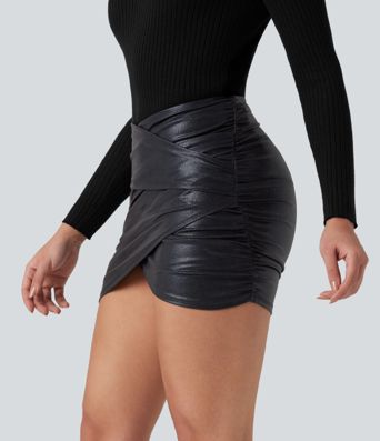 SoftlyZero™ Faux Leather High Waisted Crossover Ruched 2-in-1 Bodycon Mini Sparkle Foil Print Stretchy Party Skirt