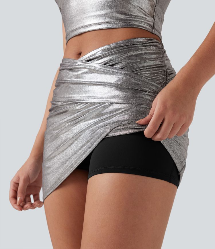 SoftlyZero™ Faux Leather High Waisted Crossover Ruched 2-in-1 Bodycon Mini Metallic Foil Print Stretchy Party Skirt
