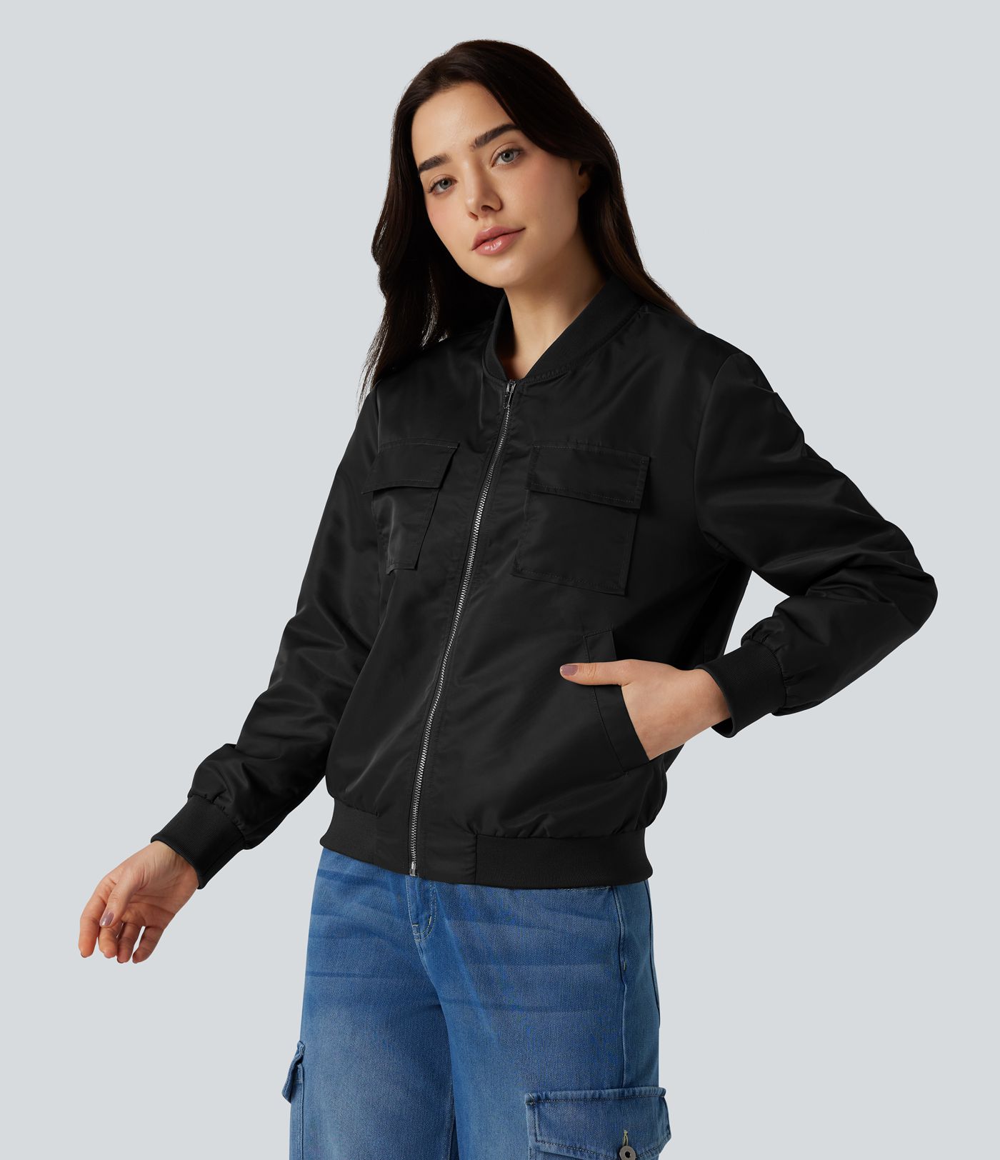 Water Repellent Long Sleeve Casual Bomber Jacket with Pockets