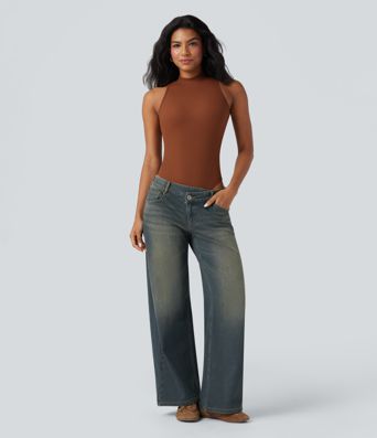 Halara Flex™ Asymmetric Low Rise Zipper Pockets Baggy Wide Leg Washed Casual Jeans