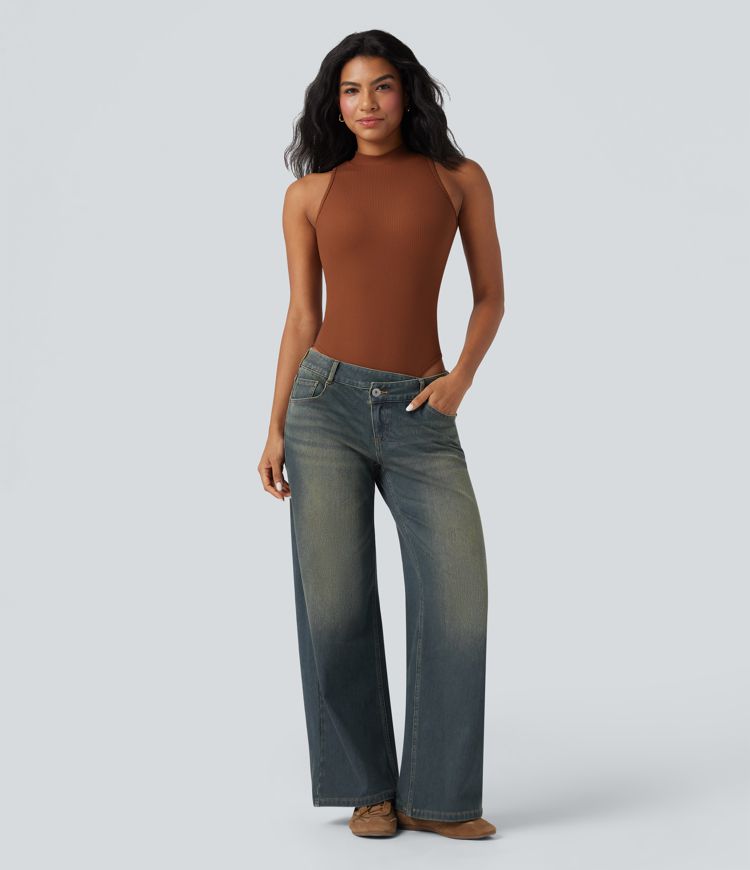 Halara Flex™ Asymmetric Low Rise Zipper Pockets Baggy Wide Leg Washed Casual Jeans