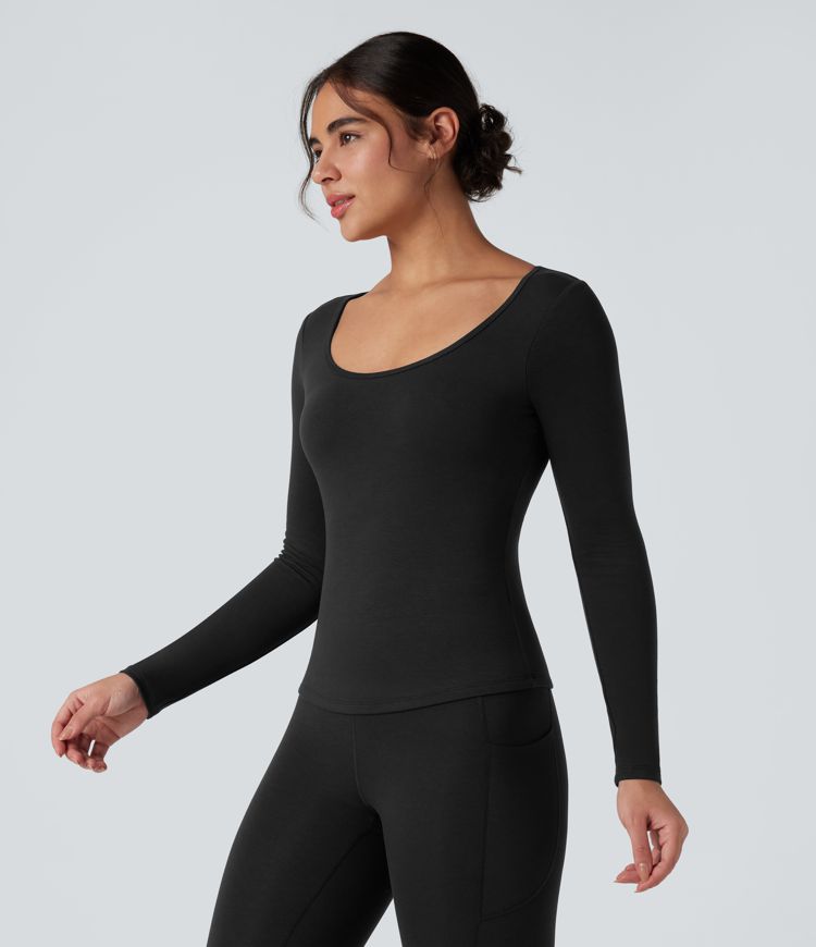 Halara HeatCore Scoop Neck Long Sleeve Built-in Bra Casual Warming Top