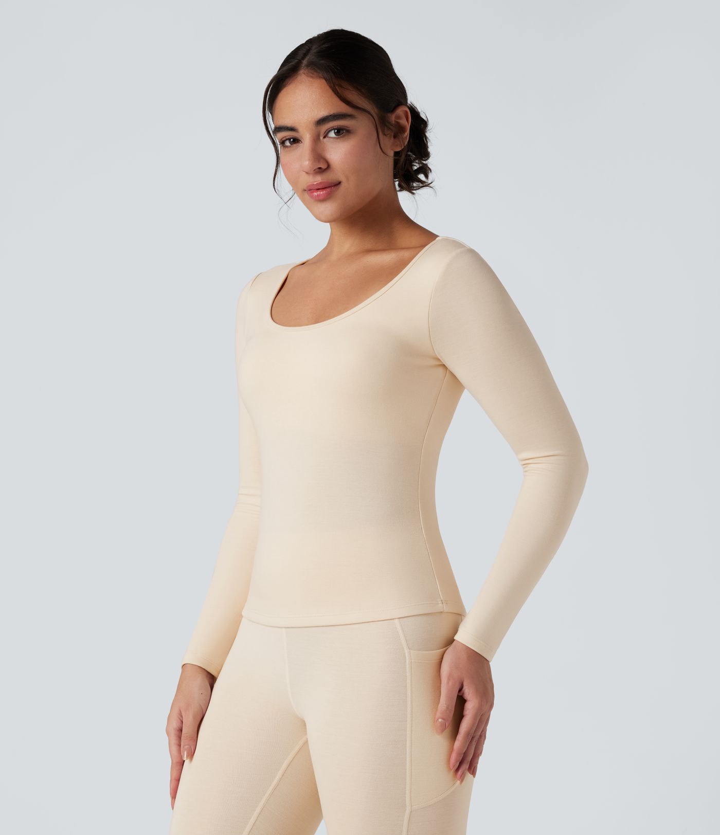 Halara HeatCore Scoop Neck Long Sleeve Built-in Bra Casual Warming Top