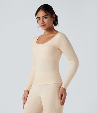 Halara HeatCore Scoop Neck Long Sleeve Built-in Bra Casual Warming Top