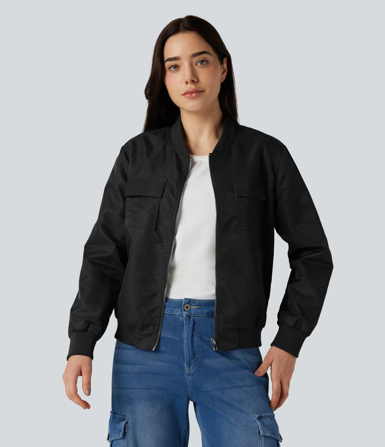 Water Repellent Long Sleeve Casual Bomber Jacket with Pockets