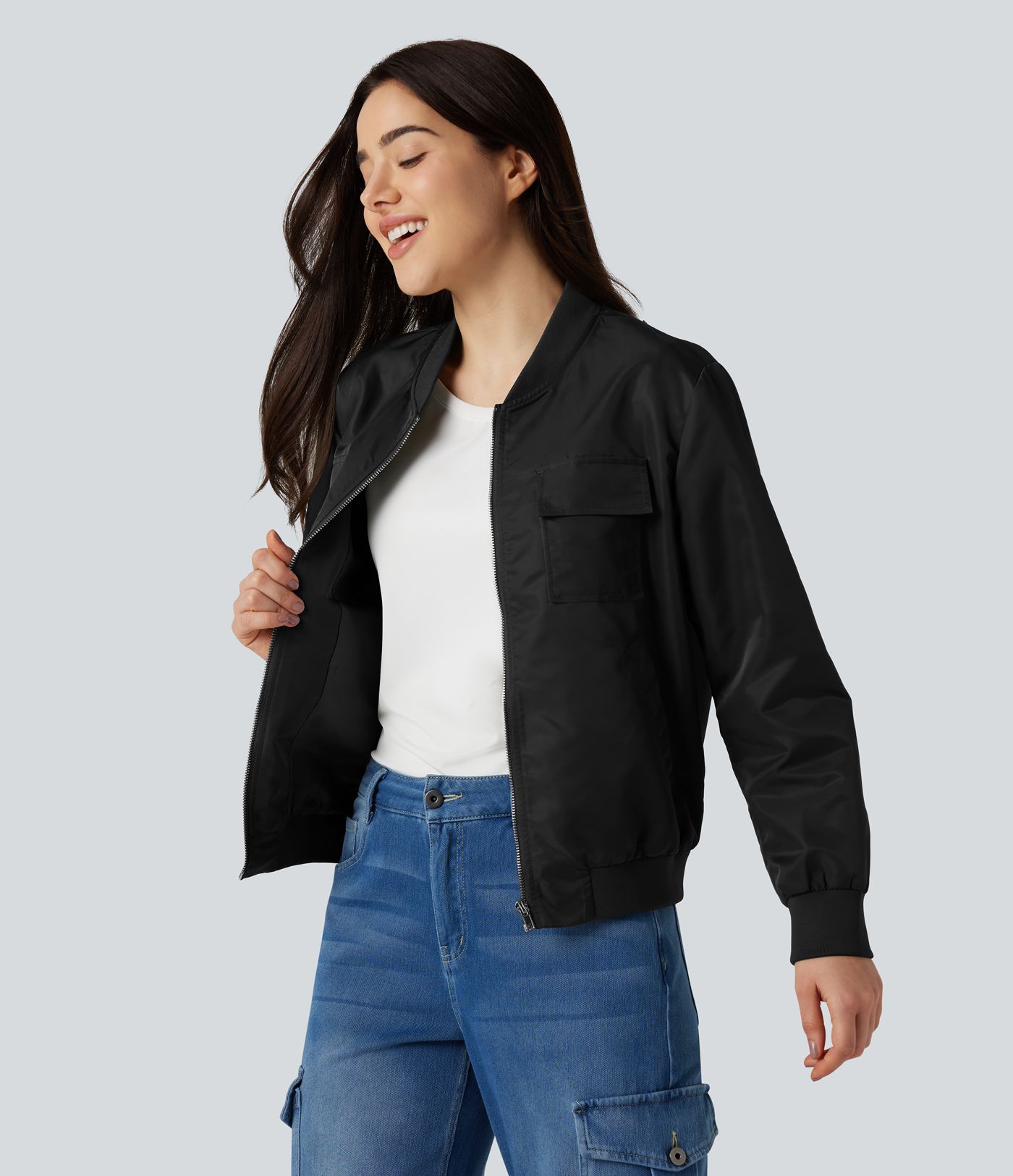Water Repellent Long Sleeve Casual Bomber Jacket with Pockets