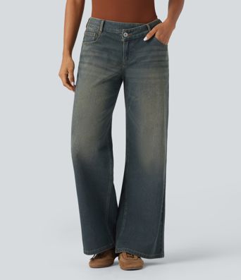 Halara Flex™ Asymmetric Low Rise Zipper Pockets Baggy Wide Leg Washed Casual Jeans