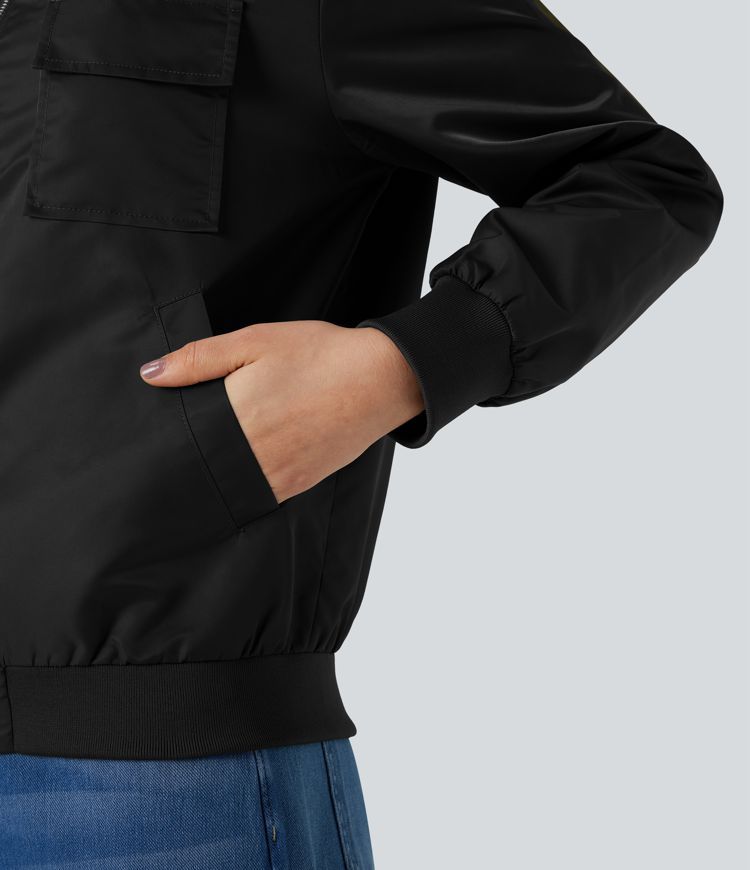 Water Repellent Long Sleeve Casual Bomber Jacket with Pockets