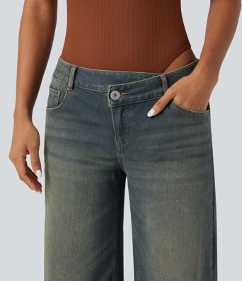Halara Flex™ Asymmetric Low Rise Zipper Pockets Baggy Wide Leg Washed Casual Jeans