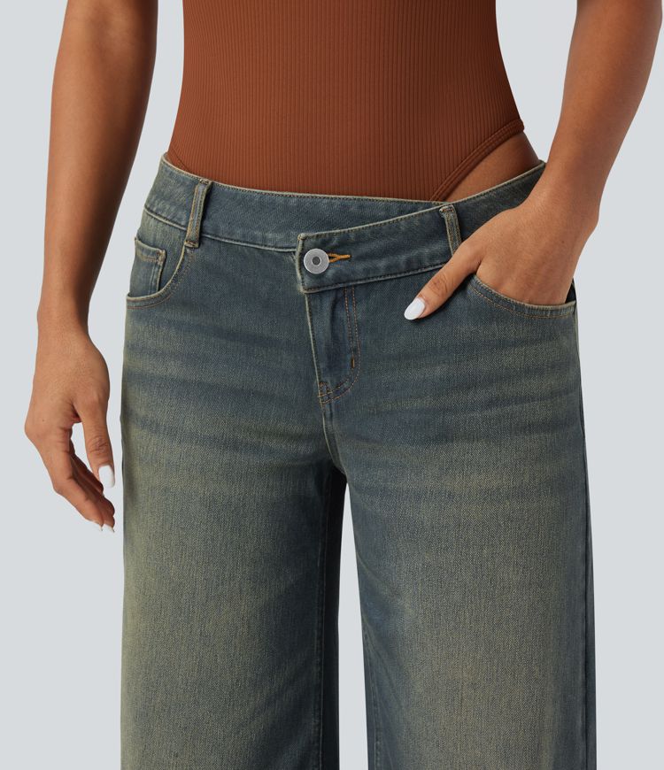 Halara Flex™ Asymmetric Low Rise Zipper Pockets Baggy Wide Leg Washed Casual Jeans