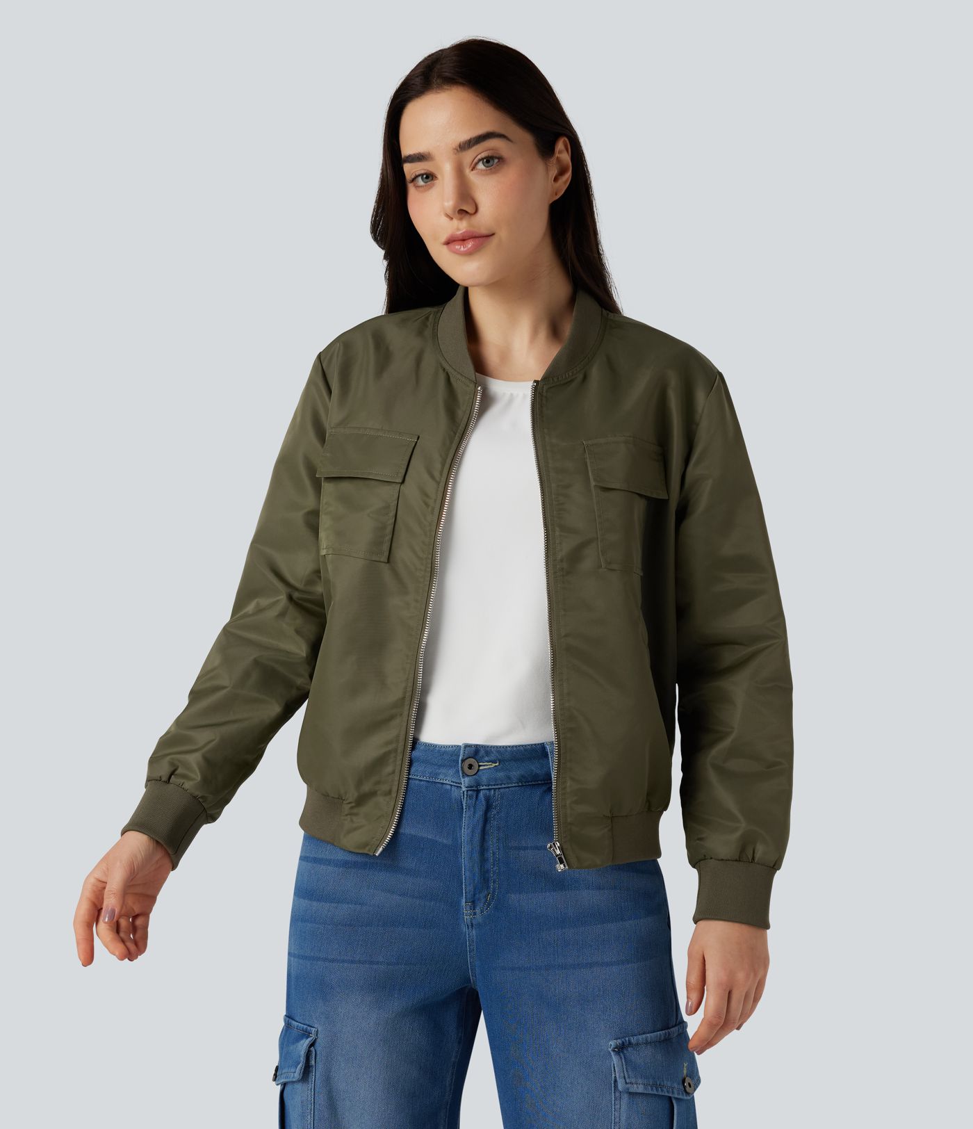 Water Repellent Long Sleeve Casual Bomber Jacket with Pockets