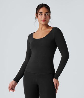 Halara HeatCore Scoop Neck Long Sleeve Built-in Bra Casual Warming Top