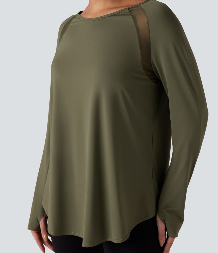Long Sleeve Thumb Holes Contrast Mesh Workout Sports Top
