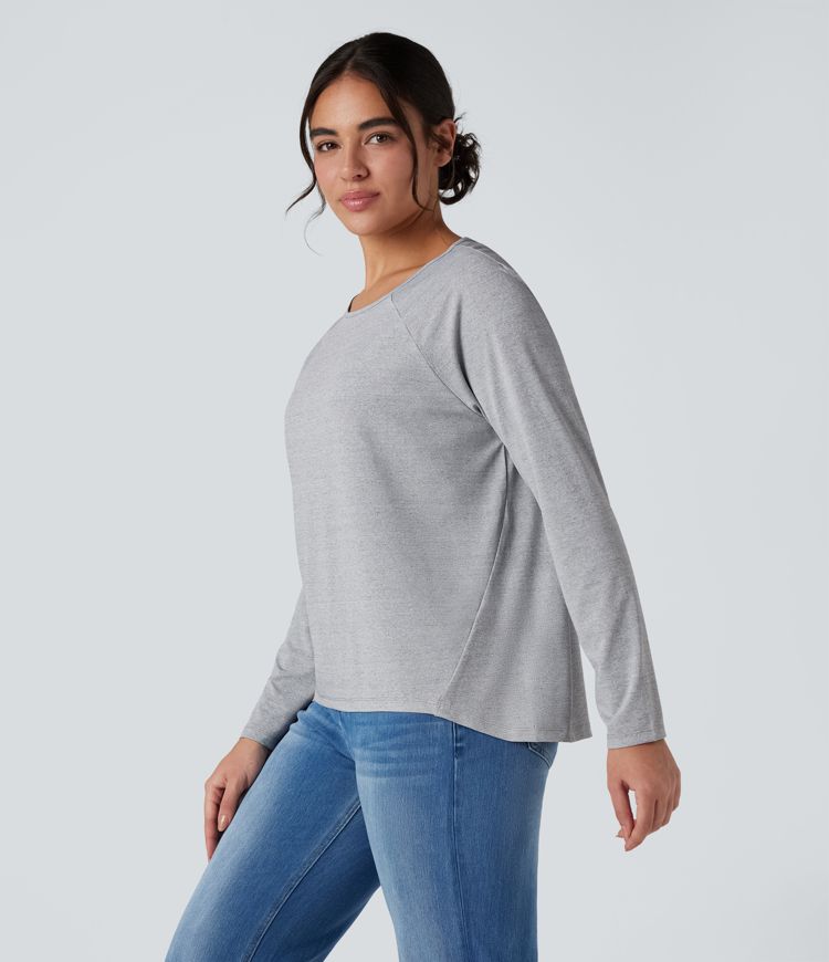 Round Neck Raglan Long Sleeve High Low Casual T-Shirt