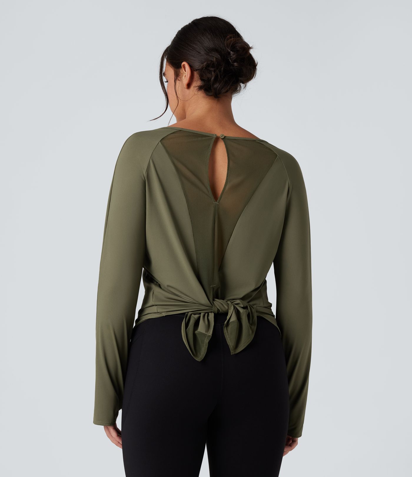 Long Sleeve Thumb Holes Contrast Mesh Workout Sports Top