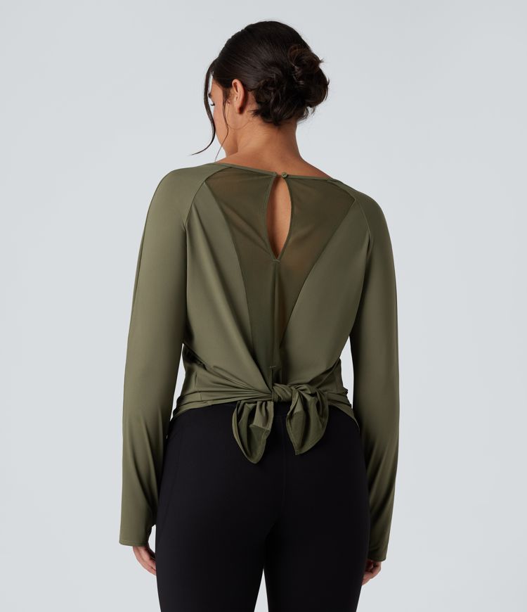 Long Sleeve Thumb Holes Contrast Mesh Workout Sports Top