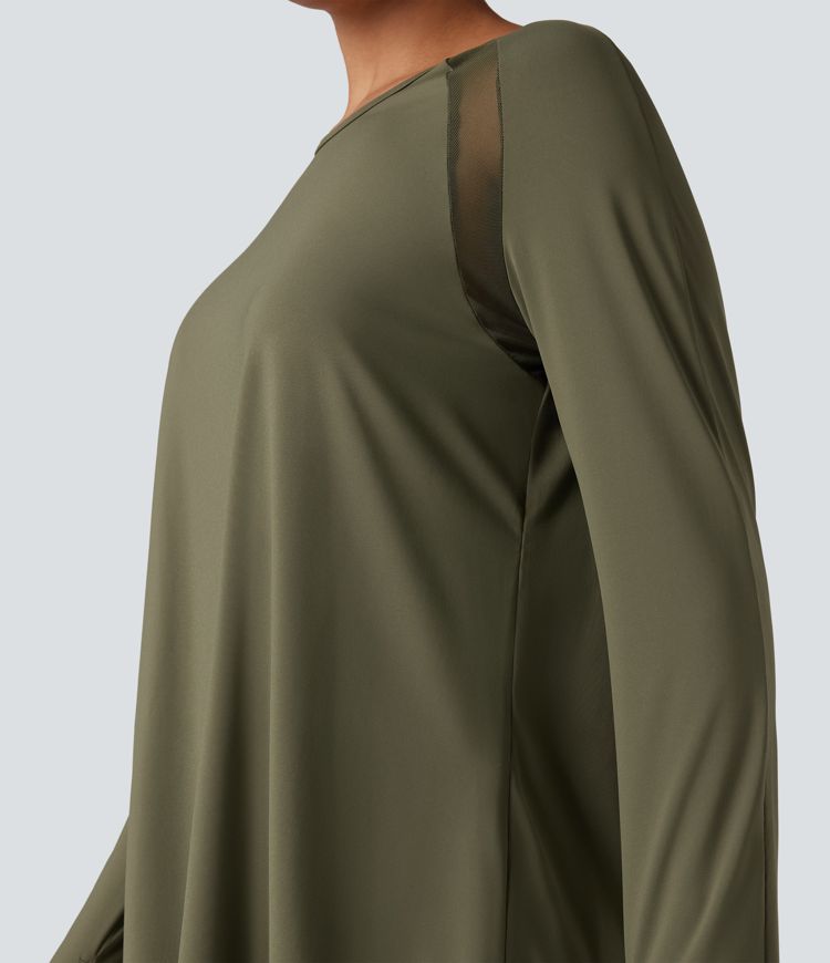 Long Sleeve Thumb Holes Contrast Mesh Workout Sports Top