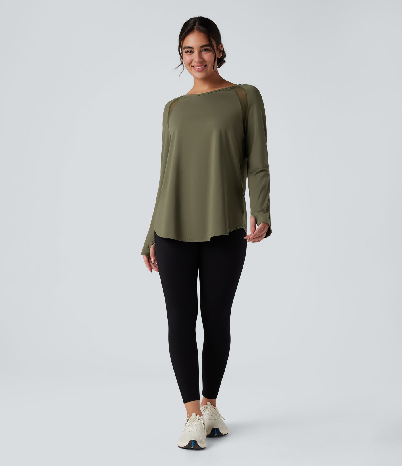 Long Sleeve Thumb Holes Contrast Mesh Workout Sports Top