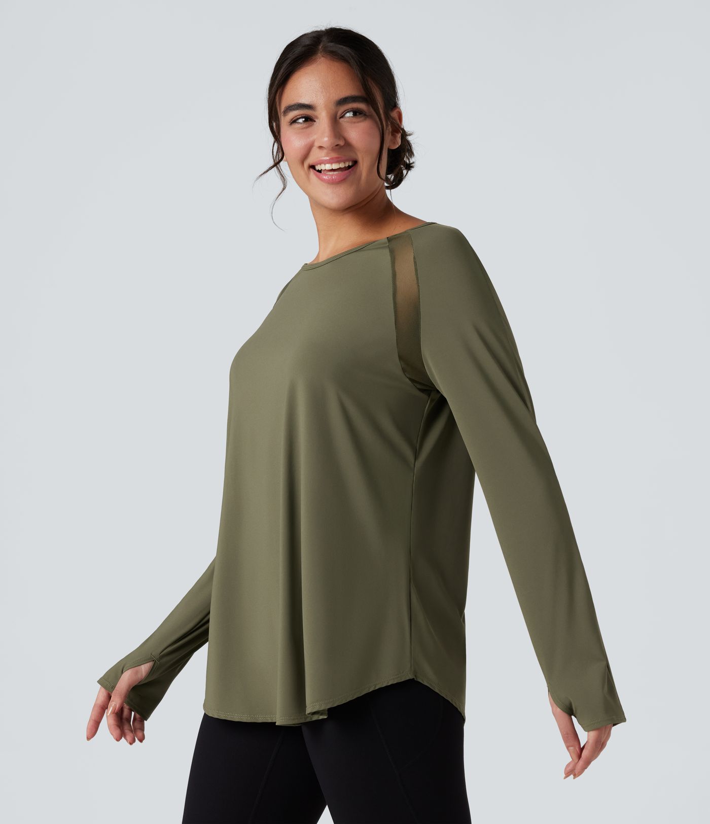 Long Sleeve Thumb Holes Contrast Mesh Workout Sports Top