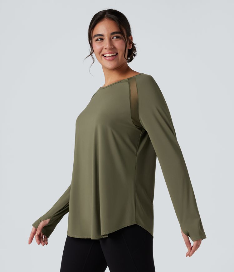 Long Sleeve Thumb Holes Contrast Mesh Workout Sports Top