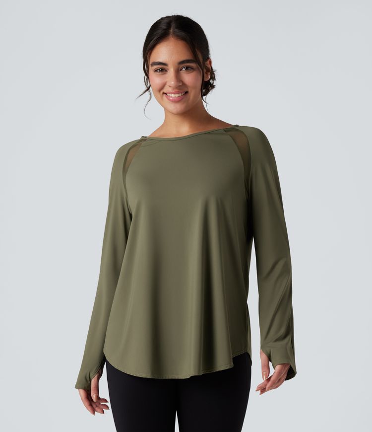 Long Sleeve Thumb Holes Contrast Mesh Workout Sports Top