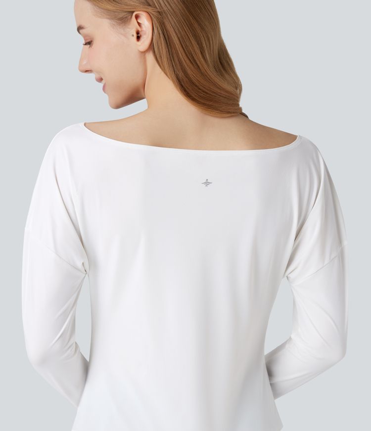Boat Neck Long Sleeve Thumb Holes Ruched Asymmetric Hem Quick Dry Yoga Sports Top