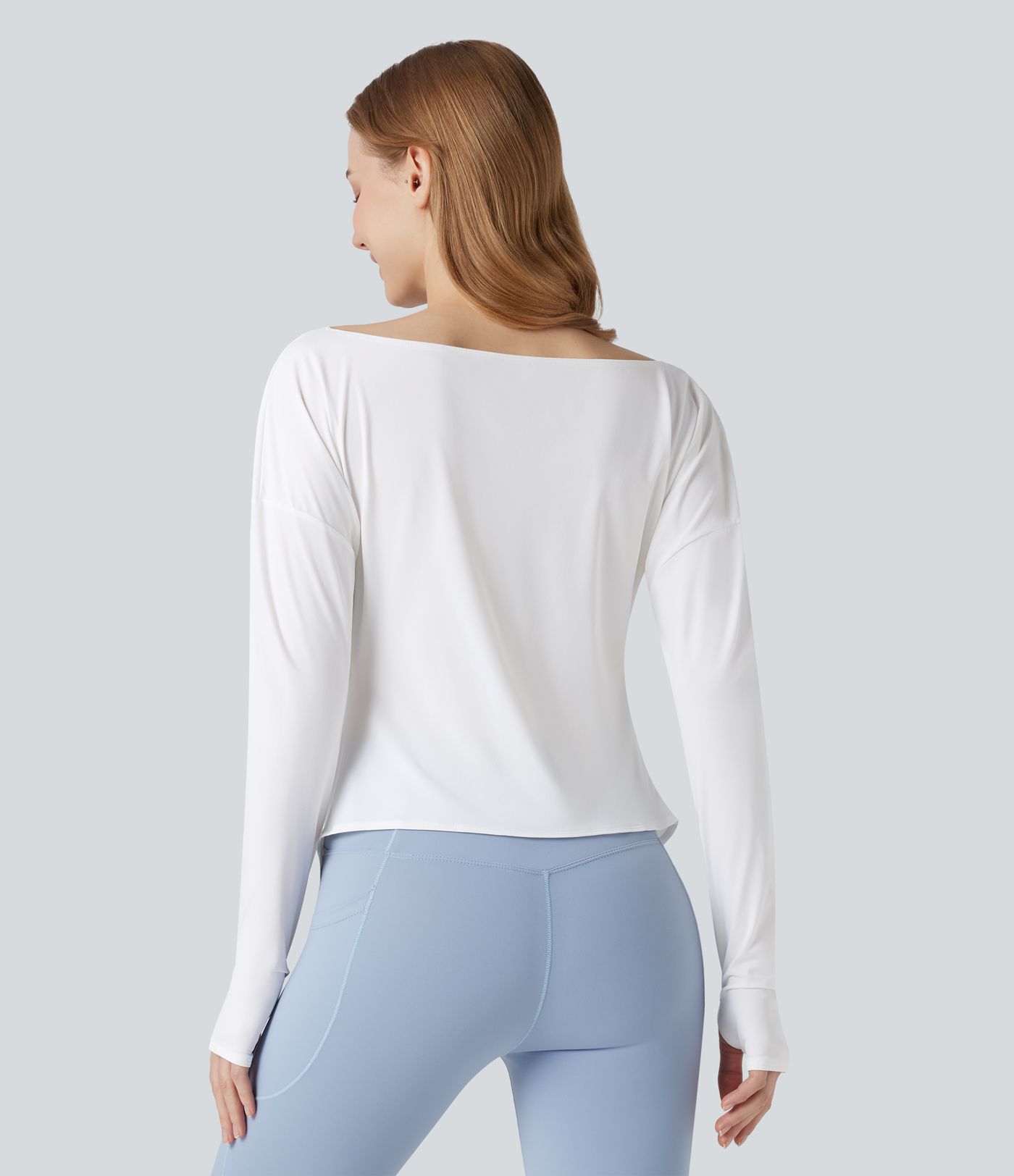 Boat Neck Long Sleeve Thumb Holes Ruched Asymmetric Hem Quick Dry Yoga Sports Top