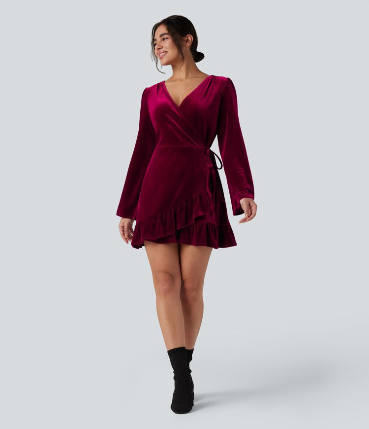 V-neck Long Sleeve Wrapped Ruffle Hem Mini Casual Velvet Dress