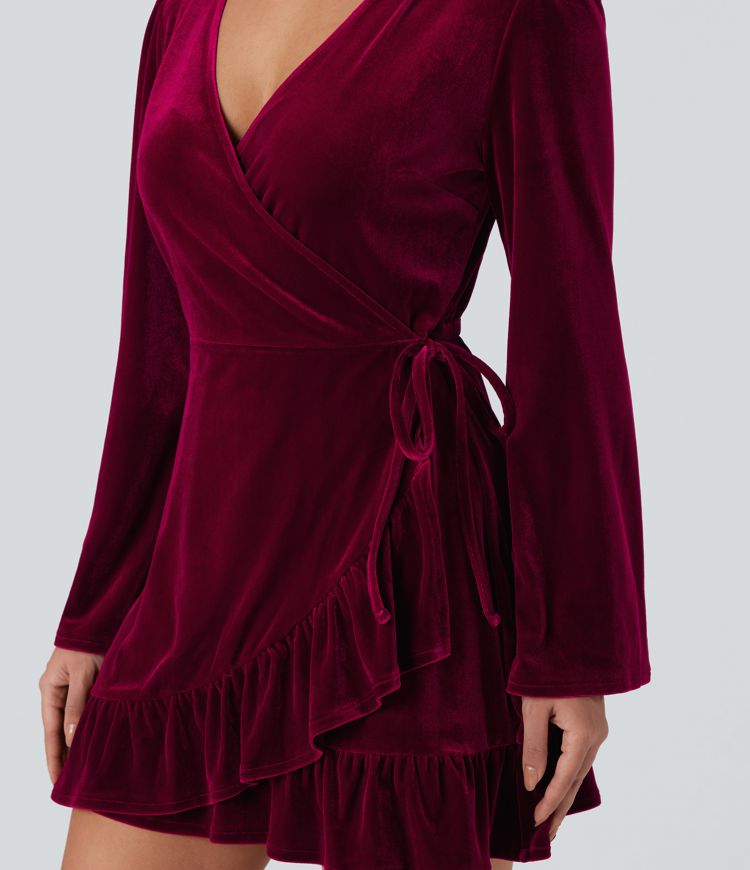 V-neck Long Sleeve Wrapped Ruffle Hem Mini Casual Velvet Dress