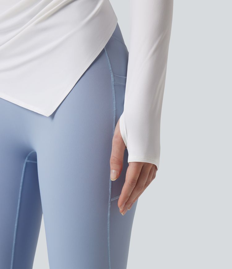 Boat Neck Long Sleeve Thumb Holes Ruched Asymmetric Hem Quick Dry Yoga Sports Top