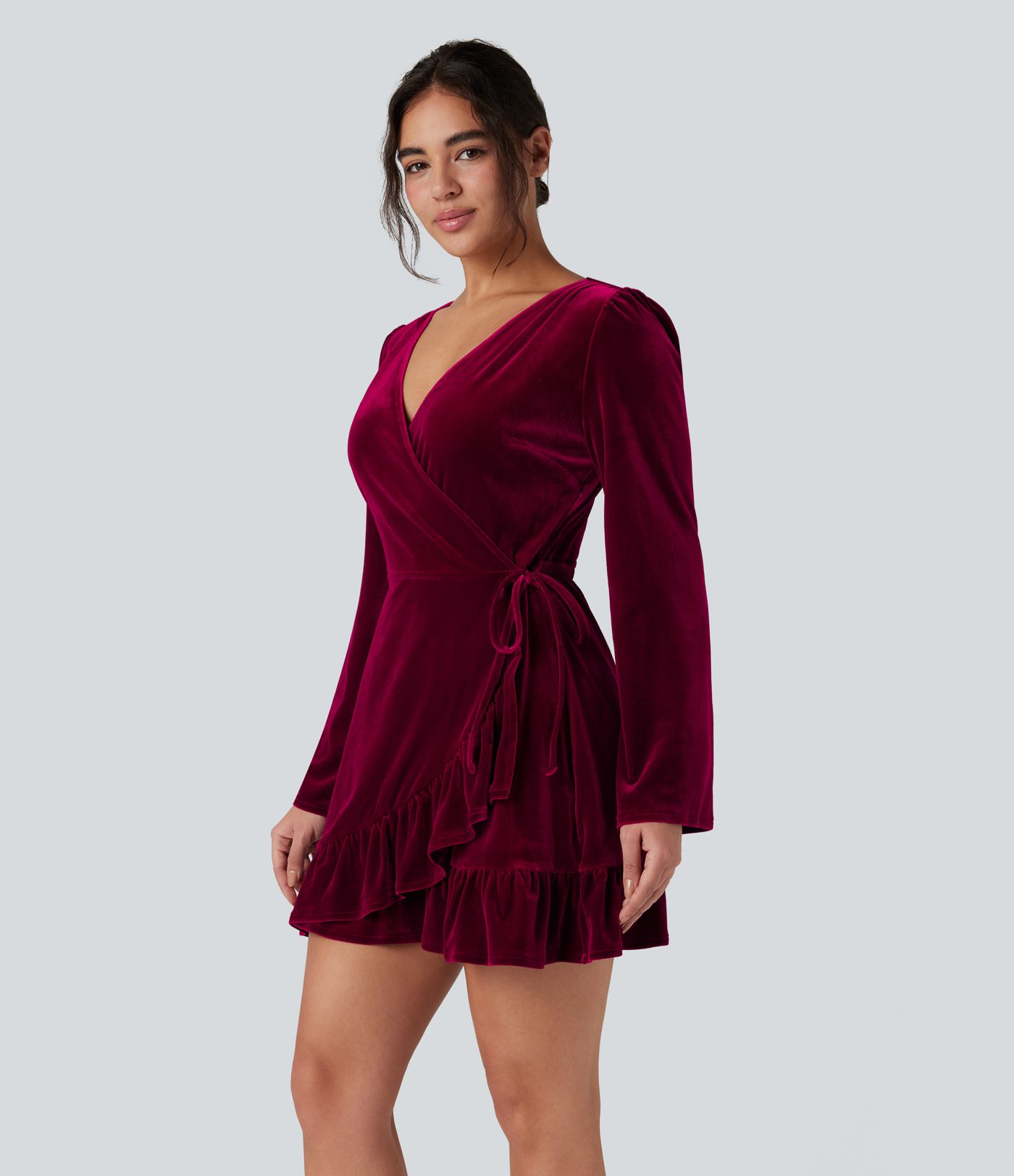 V-neck Long Sleeve Wrapped Ruffle Hem Mini Casual Velvet Dress