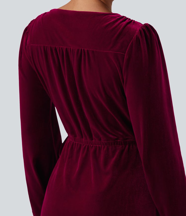 V-neck Long Sleeve Wrapped Ruffle Hem Mini Casual Velvet Dress