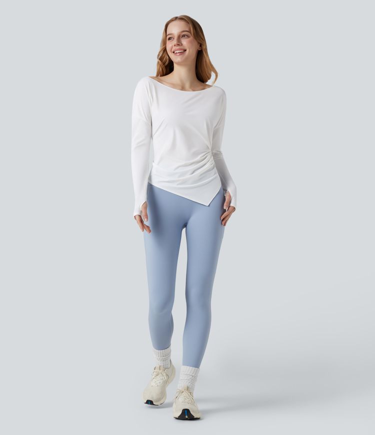 Boat Neck Long Sleeve Thumb Holes Ruched Asymmetric Hem Quick Dry Yoga Sports Top