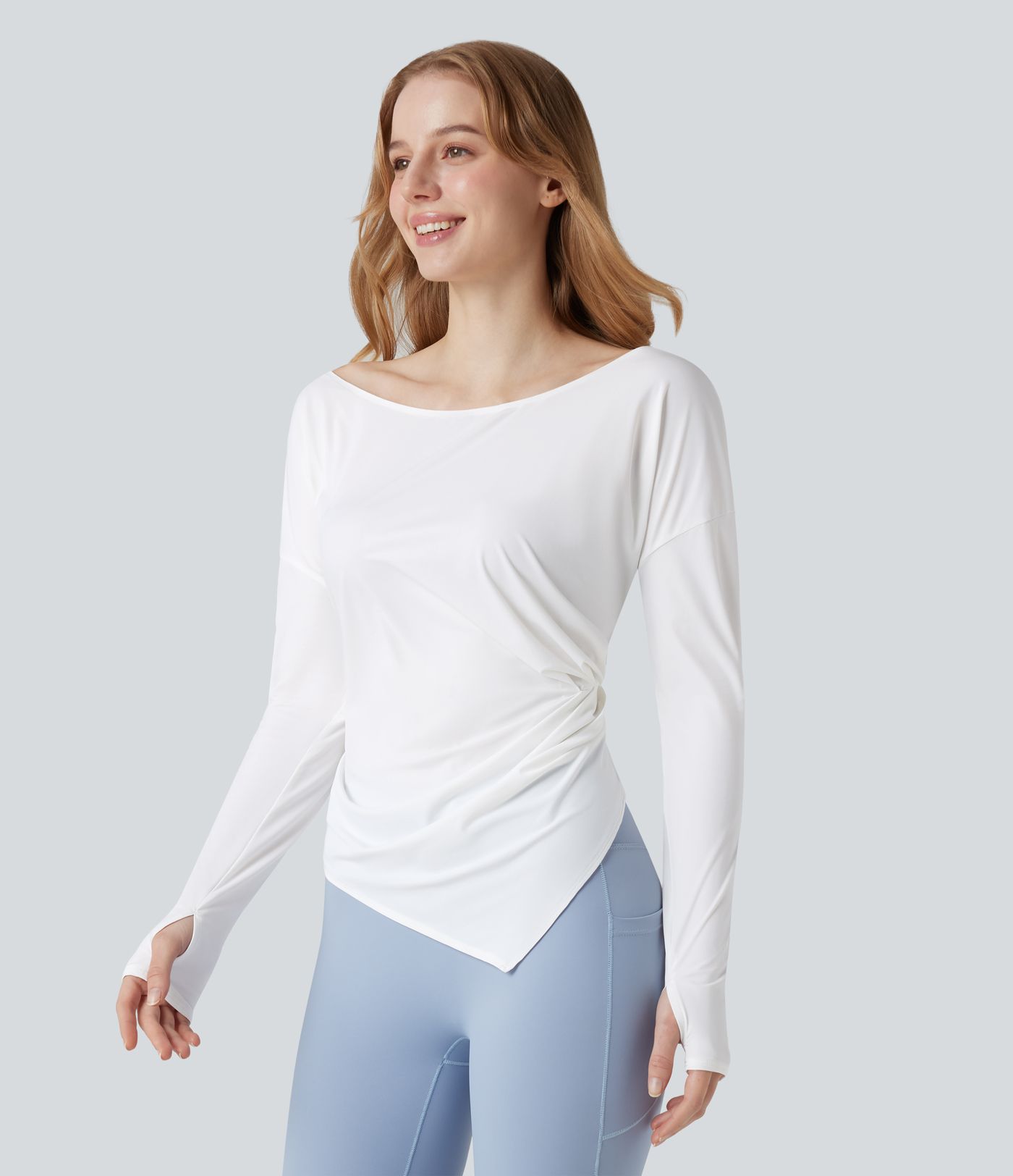 Boat Neck Long Sleeve Thumb Holes Ruched Asymmetric Hem Quick Dry Yoga Sports Top