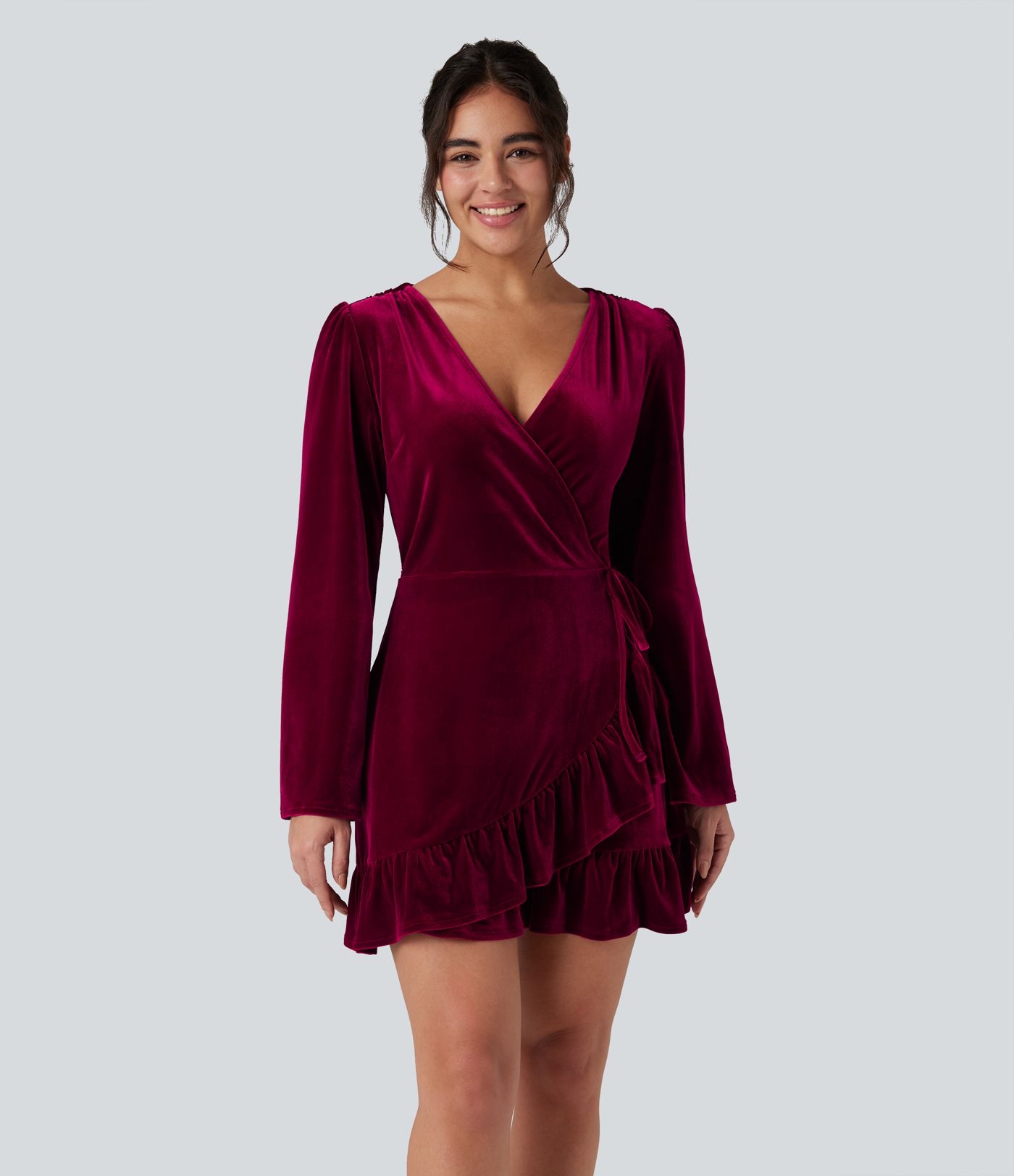 V-neck Long Sleeve Wrapped Ruffle Hem Mini Casual Velvet Dress