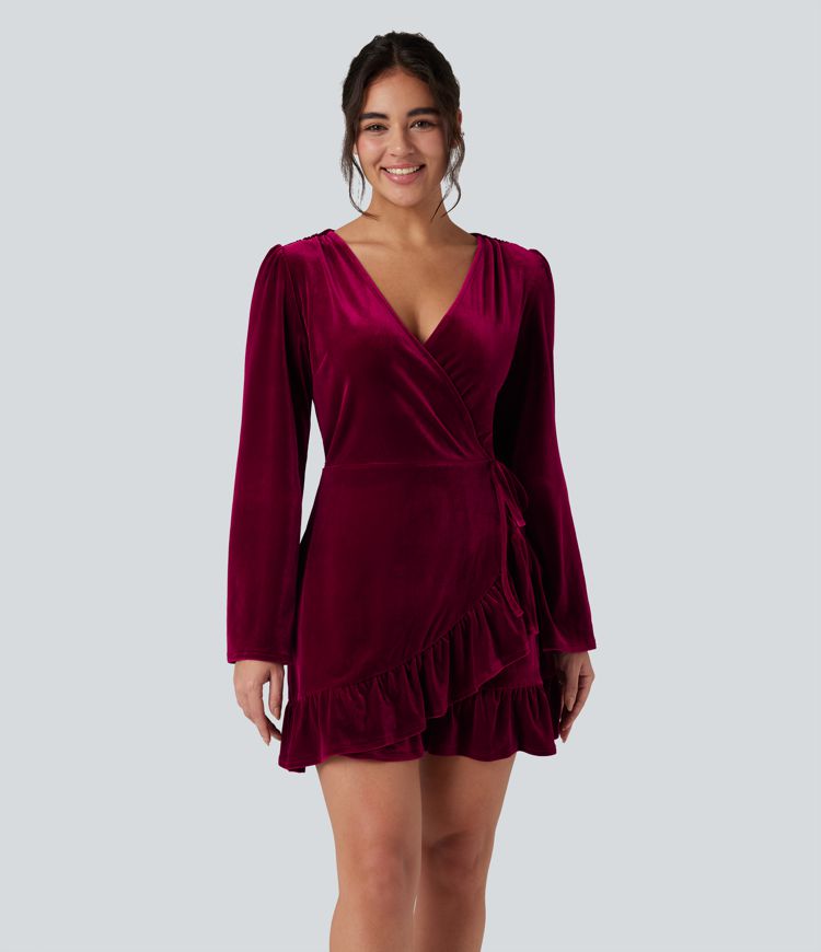 V-neck Long Sleeve Wrapped Ruffle Hem Mini Casual Velvet Dress
