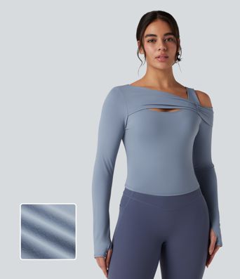Asymmetric Shoulder Long Sleeve Thumb Hole Yoga Sports Top